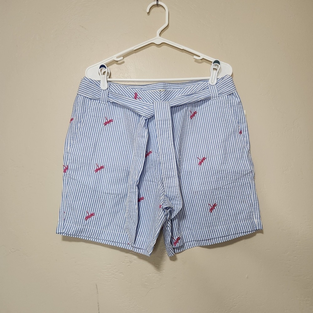 Blue and White Striped High Rise Shorts Tie Belt Embroidered‎ Dragon Fly Size 10